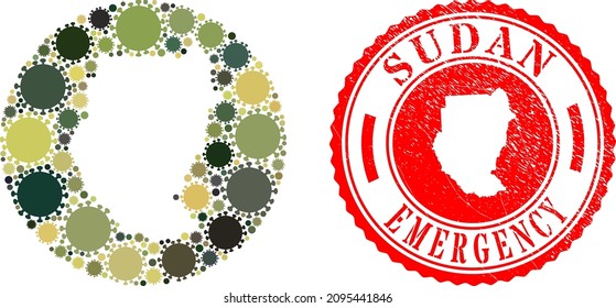 Vector mosaic Sudan map of covid virus items and grunge EMERGENCY badge. Mosaic geographic Sudan map constructed as hole from circle with coronavirus items in camouflage army colors.