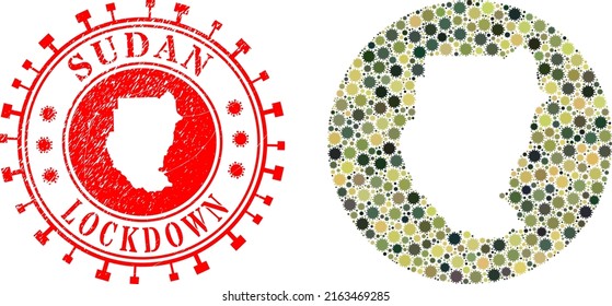 Vector mosaic Sudan map of covid items and grunge LOCKDOWN seal. Mosaic geographic Sudan map constructed as subtraction from round shape with covid virus items in khaki army color hues.