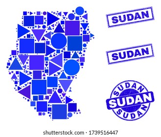 Mapa de Sudán con mosaico vectorial. Esquema geográfico en tonos azules y precintos redondos y rectangulares impuros. Resumen de mosaico del mapa de Sudán diseñado de elementos geométricos cuadrados, redondos, triángulos.