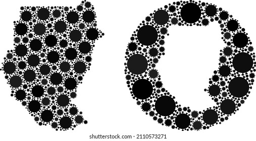 Vector mosaic Sudan map of SARS virus elements. Mosaic geographic Sudan map created as subtraction from circle with virus outbreak icons in black colors. Abstraction for outbreak templates.