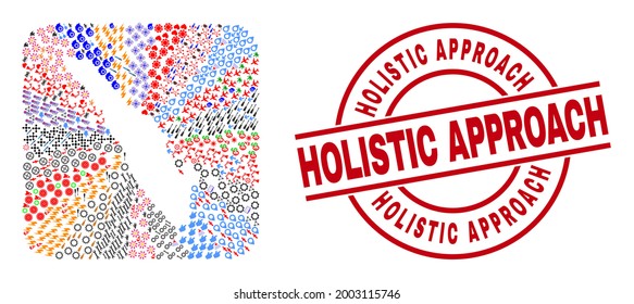 Vector mosaic Sumatra map of different icons and Holistic Approach badge. Collage Sumatra map designed as carved shape from rounded square shape. Red round badge with Holistic Approach tag.