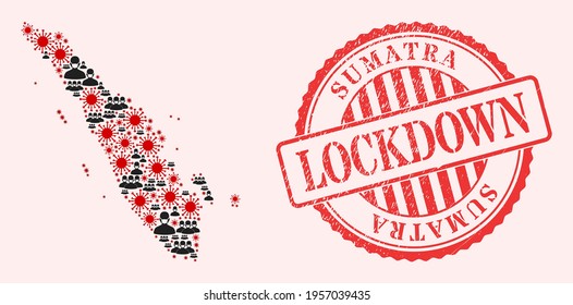 Vector mosaic Sumatra map of flu virus, masked people and red grunge lockdown seal stamp. Virus particles and people in masks inside Sumatra map.