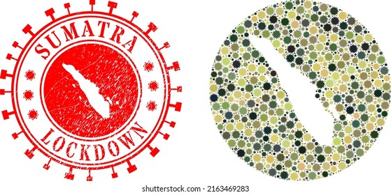 Vector mosaic Sumatra map of flu virus icons and grunge LOCKDOWN seal. Mosaic geographic Sumatra map designed as stencil from round shape with flu virus icons in khaki army colors.
