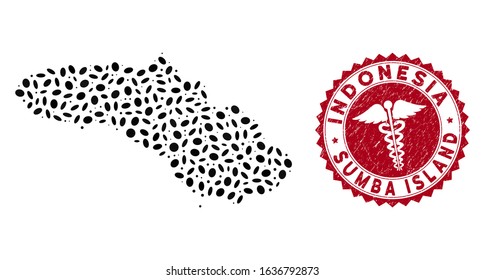 Vector mosaic Sumba Island map and red rounded corroded stamp watermark with medic symbol. Sumba Island map collage formed with elliptic spots. Red rounded health care watermark, with unclean texture.