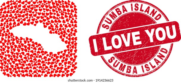 Vector mosaic Sumba Island map of love heart items and grunge love stamp. Mosaic geographic Sumba Island map constructed as carved shape from rounded square with valentine hearts.