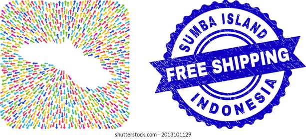 Vector mosaic Sumba Island map of motion arrows and rubber Free Shipping seal. Collage Sumba Island map constructed as hole from rounded square with away arrows.