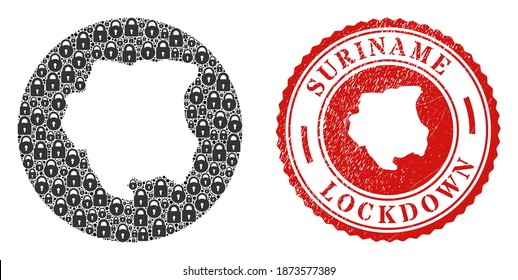 Vector mosaic Suriname map of locks and grunge LOCKDOWN seal stamp. Mosaic geographic Suriname map designed as carved shape from round shape with black locks.