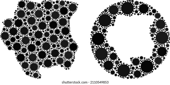Vector mosaic Suriname map of virus icons. Mosaic geographic Suriname map designed as stencil from circle with coronavirus icons in black colors. Abstraction for quarantine warnings.