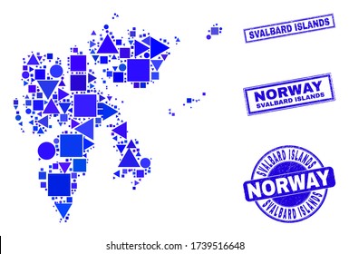 Vector mosaic Svalbard Islands map. Geographic scheme in blue color shades, and rubber round and rectangle seals. Abstract concept of Svalbard Islands map composed of round, tringle,