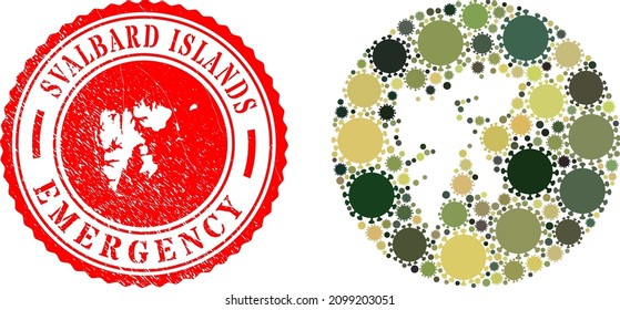 Vector mosaic Svalbard Islands map of covid-2019 elements and grunge EMERGENCY seal.
