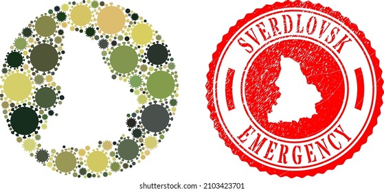 Mapa de la región de Sverdlovsk de mosaico vectorial de elementos virales y sello de EMERGENCIA grunge.
