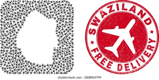 Vector mosaic Swaziland map of air force elements and grunge Free Delivery seal stamp. Collage geographic Swaziland map designed as hole from rounded square shape with flying out air force symbols.