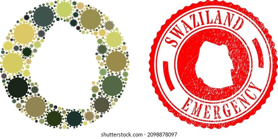 Mapa de mosaico vectorial de Suazilandia de los ítems del virus de la covida y placa de EMERGENCIA gruesa. Mapa geográfico mosaico de Suazilandia creado como un agujero de forma redonda con íconos de brotes de virus en tonos de color khaki del ejército.