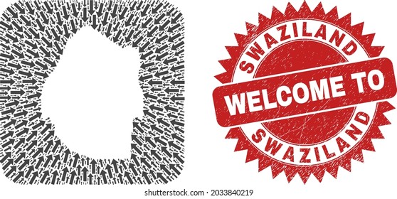 Vector mosaic Swaziland map of delivery arrows and rubber Welcome stamp. Mosaic geographic Swaziland map constructed as stencil from rounded square shape with pointing arrows.