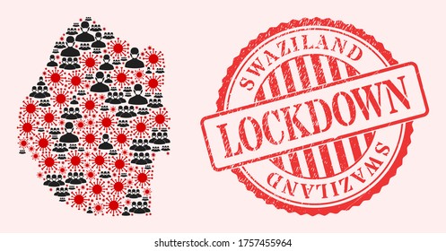 Vector mosaic Swaziland map of SARS virus, masked men and red grunge lockdown seal. Virus particles and men in masks inside Swaziland map. Red imprint with grunge rubber texture and LOCKDOWN tag.