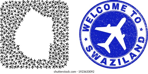 Vector mosaic Swaziland map of sky jet items and grunge Welcome seal stamp. Collage geographic Swaziland map constructed as carved shape from rounded square with air planes.
