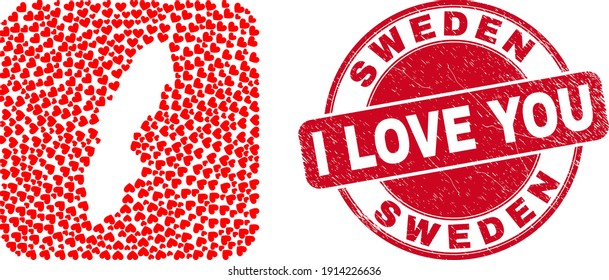 Vector mosaic Sweden map of valentine heart elements and grunge love badge. Mosaic geographic Sweden map designed as carved shape from rounded square shape using love hearts.