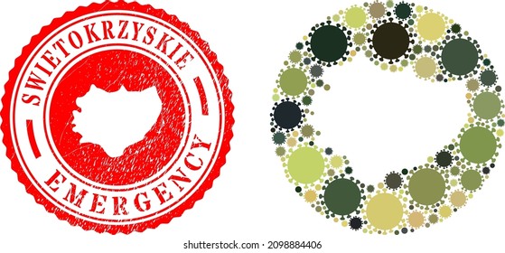 Vector mosaic Swietokrzyskie Voivodeship map of covid-2019 elements and grunge EMERGENCY seal.