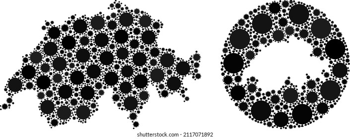Mapa del mosaico vectorial de Suiza de los ítems del virus cóvido. Mapa geográfico musulmán de Suiza diseñado como esténcil de forma redonda con elementos virus en tonos de color negro. Plantilla para plantillas de pandemia.