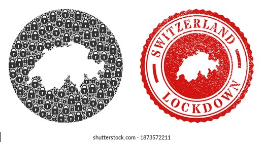 Vektor Mosaik Schweiz Karte von Schlössern und grunge LOCKDOWN Siegel Stempel. Mosaik geographische Schweiz Karte, konstruiert als Subtraktion von runden Formen mit schwarzen Schlössern.
