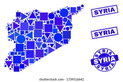 Vector mosaic Syria map. Geographic scheme in blue color tones, and scratched round and rectangle seal stamps. Abstract concept of Syria map combined of round, triangles, square geometric elements.