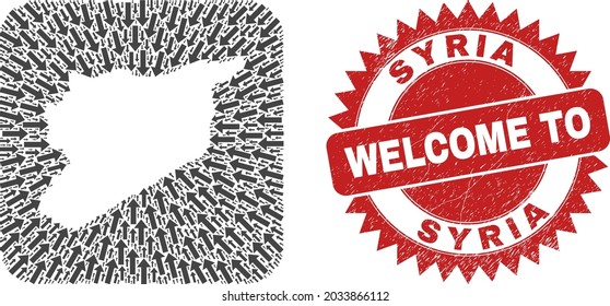 Vektormosaik Syrien Karte der Bewegungspfeile und Gummi Begrüßungsrobbe. Kollage geographische Syrienkarte, konstruiert als Subtraktion vom abgerundeten Quadrat mit Bewegungspfeilen.