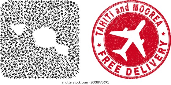Vector mosaic Tahiti and Moorea islands map of aviation items and grunge Free Delivery seal stamp.