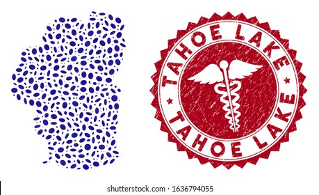 Vector mosaic Tahoe Lake map and red round corroded stamp seal with serpents symbol. Tahoe Lake map collage composed with elliptic elements. Red round clinic seal stamp, with dirty texture.