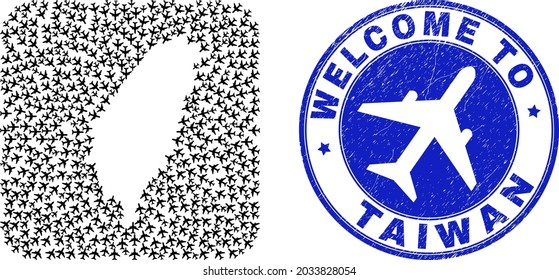 Vector mosaic Taiwan map of airport items and grunge Welcome seal stamp. Mosaic geographic Taiwan map designed as carved shape from rounded square with aircrafts.