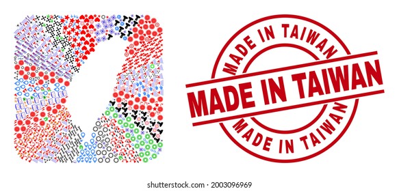 Vector mosaic Taiwan map of different symbols and Made in Taiwan seal stamp. Mosaic Taiwan map constructed as stencil from rounded square shape. Red round seal with Made in Taiwan caption.