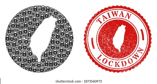 Mosaico vectorial de Taiwan mapa de las cerraduras y el sello LOCKDOWN de grunge. Mapa geográfico mosaico de Taiwán creado como forma tallada de un círculo con cerraduras negras.