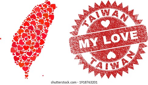 Vector mosaic Taiwan map of love heart items and grunge My Love seal. Collage geographic Taiwan map designed with valentine hearts. Red rosette badge with grunge rubber texture and my love word.