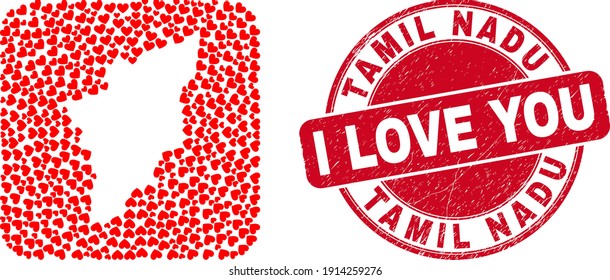 Vector mosaic Tamil Nadu State map of valentine heart items and grunge love badge. Mosaic geographic Tamil Nadu State map created as subtraction from rounded square using love hearts.