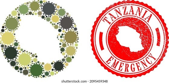 Vector mosaic Tanzania map of viral elements and grunge EMERGENCY seal stamp. Mosaic geographic Tanzania map constructed as hole from round shape with virus elements in camo army colors.