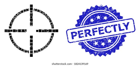 Vector mosaic target, and Perfectly textured rosette stamp seal. Blue stamp seal has Perfectly tag inside rosette. Square parts are grouped into abstract mosaic target icon.