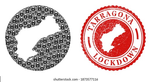 Vector mosaic Tarragona Province map of locks and grunge LOCKDOWN seal. Mosaic geographic Tarragona Province map constructed as carved shape from round shape with black locks.