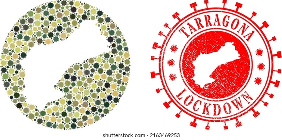 Vector mosaic Tarragona Province map of flu virus icons and grunge LOCKDOWN seal stamp.