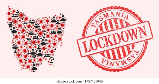 Vector mosaic Tasmania Island map of SARS virus, masked people and red grunge lockdown stamp. Virus items and people in masks inside Tasmania Island map.