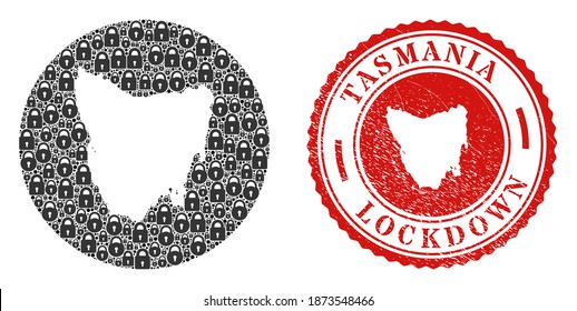 Vector mosaic Tasmania Island map of locks and grunge LOCKDOWN seal stamp. Mosaic geographic Tasmania Island map designed as hole from circle with black locks.