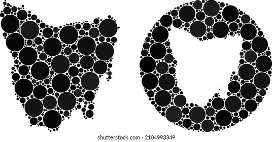 Vector mosaic Tasmania Island map of round dots. Mosaic geographic Tasmania Island map is created as carved shape from round shape with round parts in black colors.