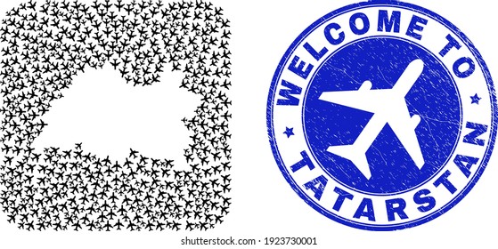Vector mosaic Tatarstan map of air vehicle elements and grunge Welcome stamp. Mosaic geographic Tatarstan map designed as carved shape from rounded square shape with aircrafts.