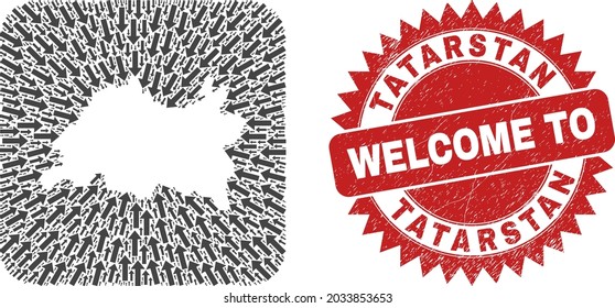 Vector mosaic Tatarstan map of pointer arrows and rubber Welcome seal. Mosaic geographic Tatarstan map constructed as carved shape from rounded square shape with moving arrows.
