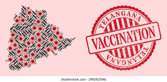 Vector mosaic Telangana State map of covid-2019 virus, vaccination icons, and red grunge vaccine seal stamp. Virus elements and inoculation items inside Telangana State map.