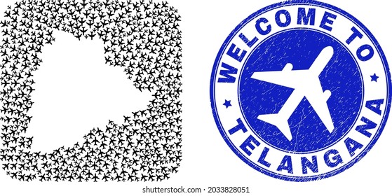 Mapa del estado de Telangana de mosaicos vectoriales de objetos jorney y estampado de bienvenida grunge. Mapa geográfico mosaico del estado de Telangana construido como esténcil de forma cuadrada redondeada con aviones.