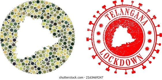 Vector mosaic Telangana State map of virus outbreak items and grunge LOCKDOWN stamp.