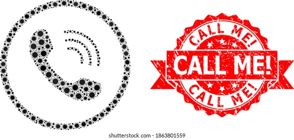 Llamada telefónica de mosaico vectorial del virus de la gripe, y ¡Llámame! marca de sellado de cinta de goma. Elementos de virus dentro del mosaico de llamadas telefónicas. ¡El sello rojo me ha llamado! dentro de la cinta de opciones.