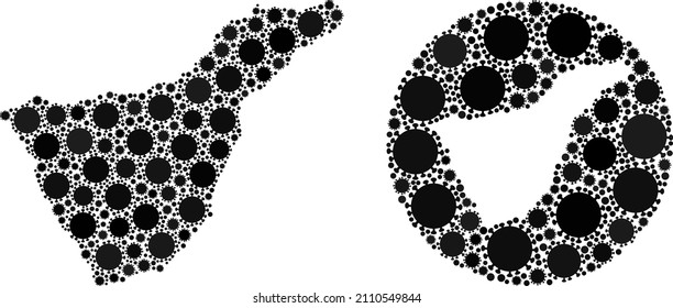 Vektor Mosaik Teneriffa Karte der covid-Virus-Symbole. Mosaik geographische Teneriffa-Karte, die als karierte Form aus dem Kreis mit covid-2019 Symbole in schwarzen Farben konstruiert wurde. Vorlage für Epidemic-Poster.