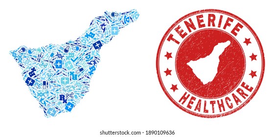 Vector mosaic Tenerife map with medical icons, receipt symbols, and grunge healthcare rubber imitation. Red round watermark with grunge rubber texture and Tenerife map word and map.