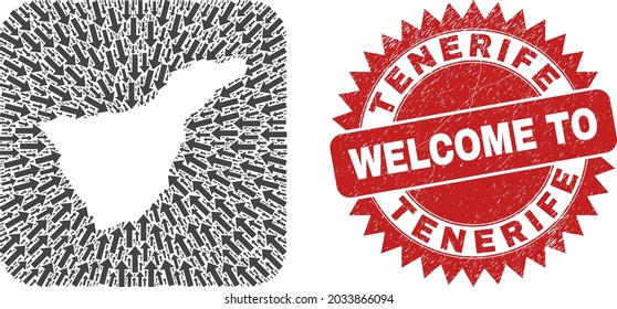 Vector mosaic Tenerife map of moving arrows and grunge Welcome seal. Mosaic geographic Tenerife map constructed as subtraction from rounded square using direction arrows.