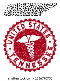 Vector mosaic Tennessee State map and red round grunge stamp seal with health care symbol. Tennessee State map collage constructed with ellipse spots. Red rounded health care watermark,